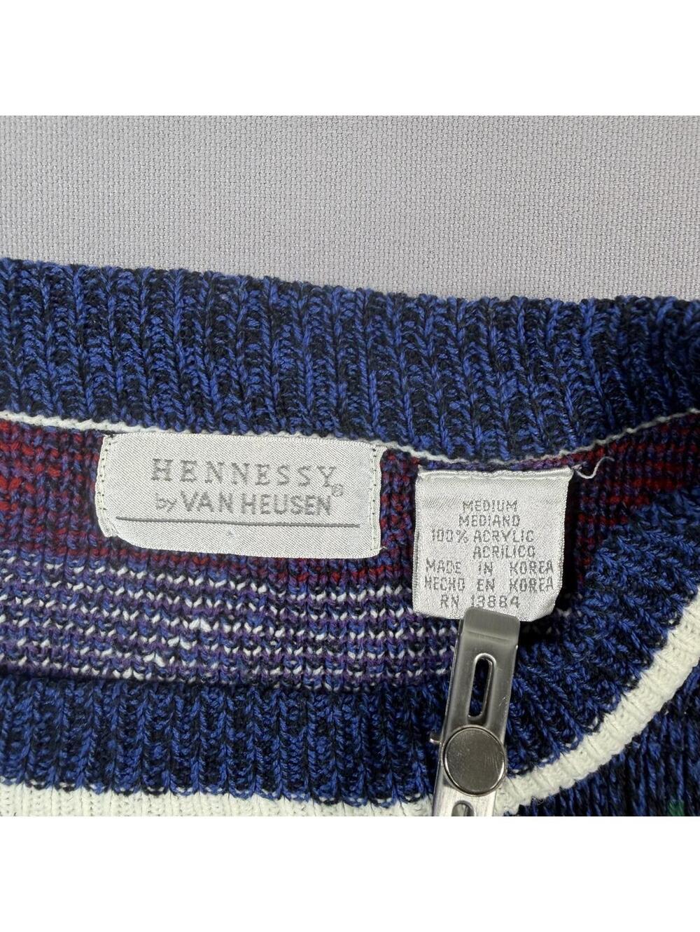 VTG 90s Hennessy Van Heusen Grandpa Sweater Blue Geometric Womens M - Picture 5 of 7